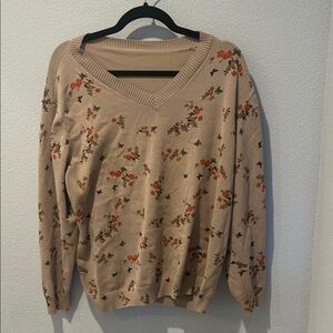 Floral V-Neck Women Sweater - Tan 2x